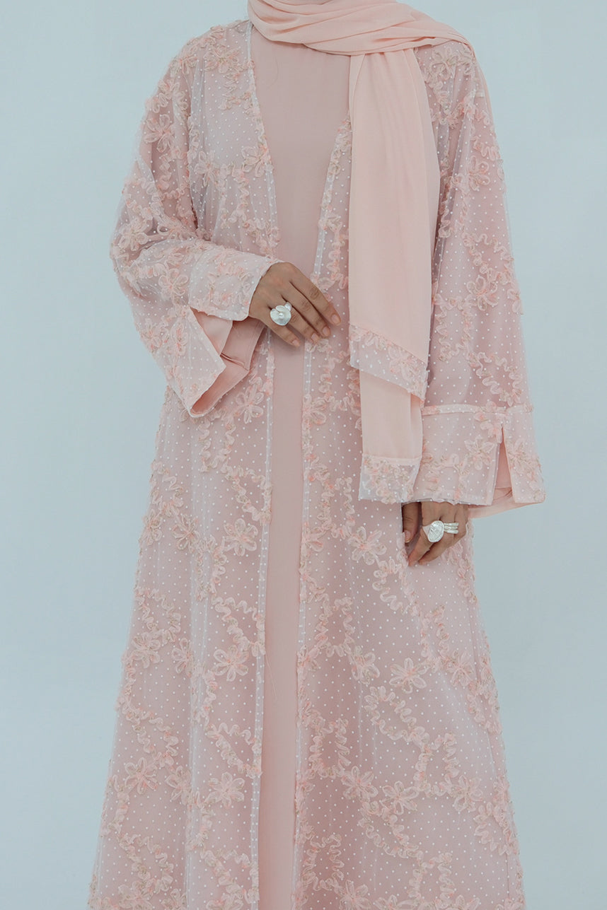 Vionne 3D Floral Mesh Open Abaya 1074 – Pink