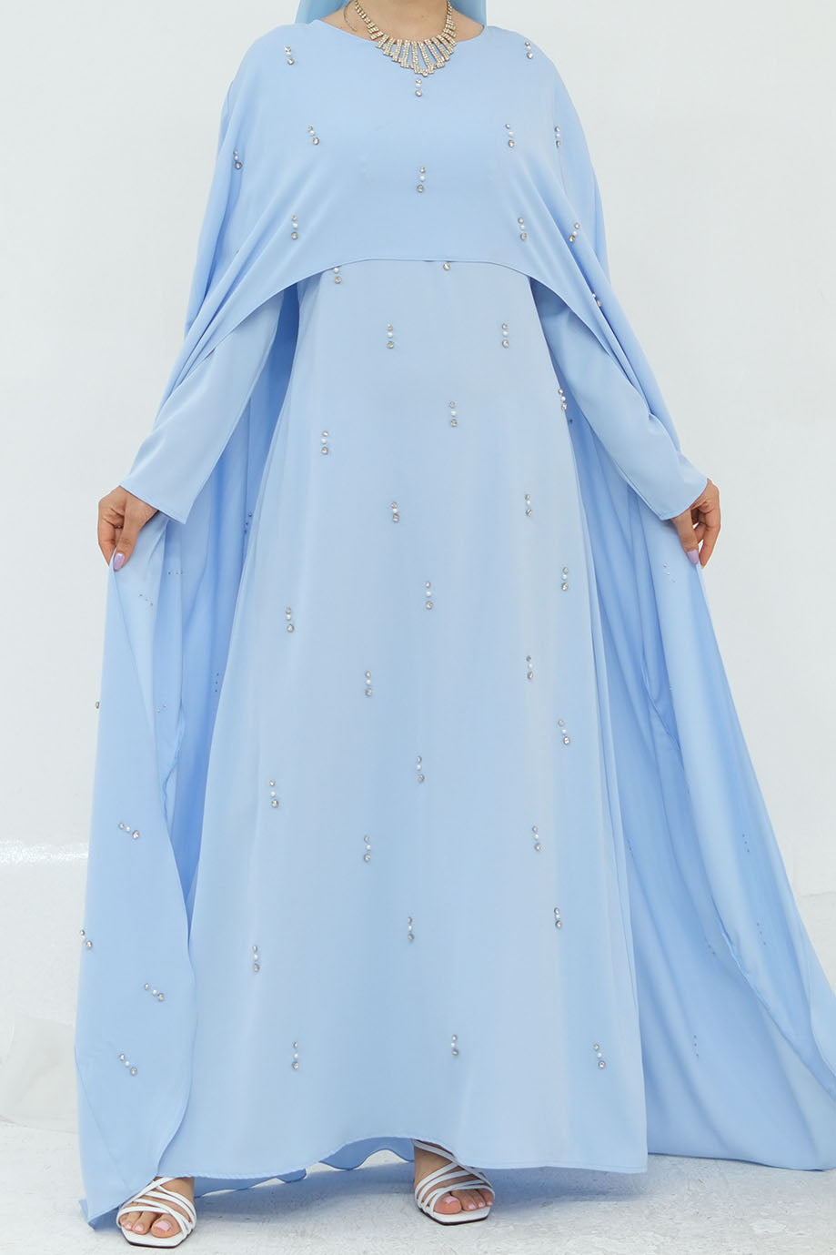 Aureya Solid Crystal-Embellished Faux Two-Piece Abaya 997 –Blue