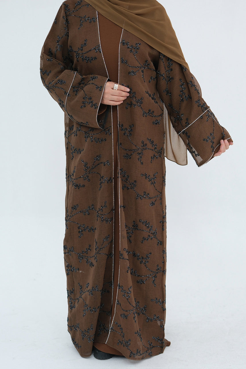 Meadowe Full Embroidered Mesh Open Abaya 1075 – Brown
