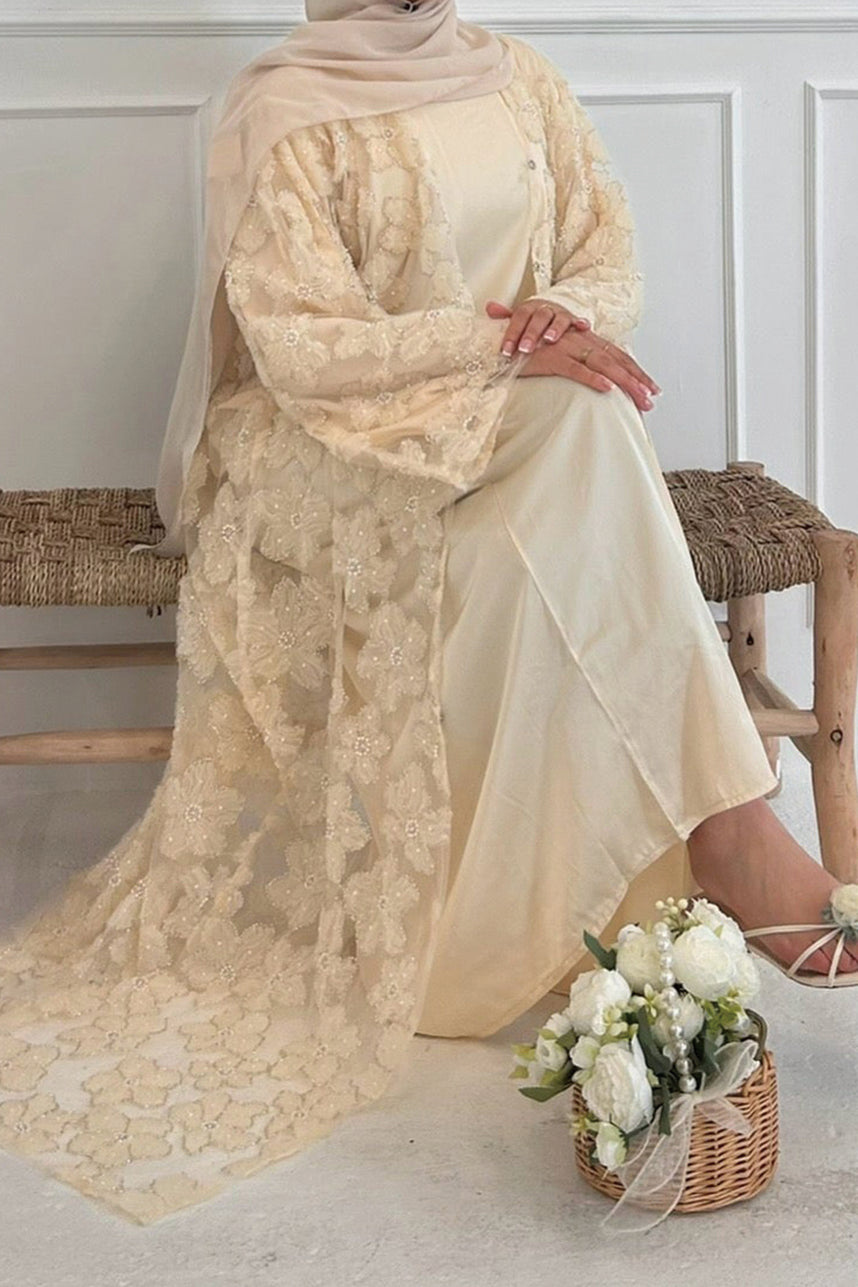 Auralis 3D Floral Beaded Mesh Open Abaya 1069 – Apricot