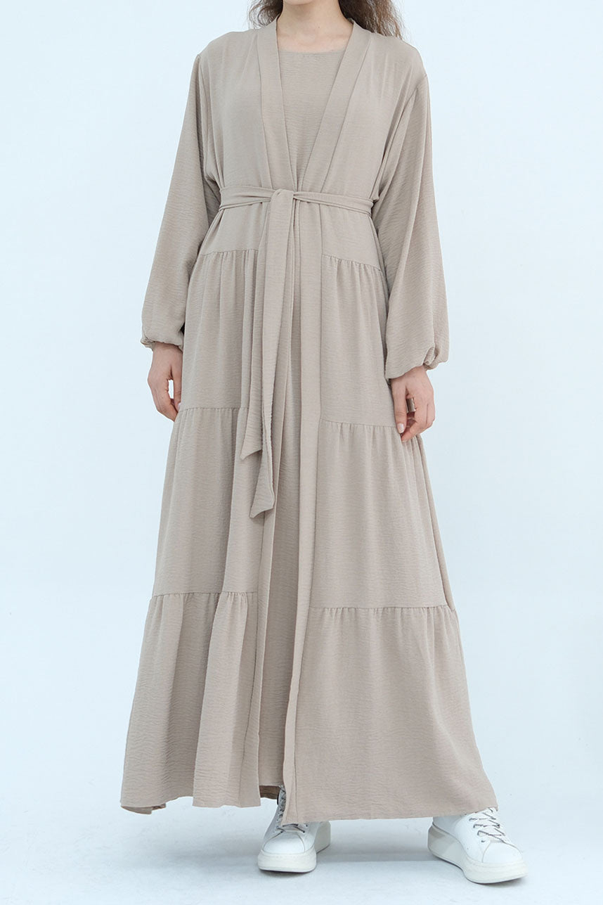 Edenveil Open Abaya & Sleeveless Dress Set 1018 – Desert Taupe
