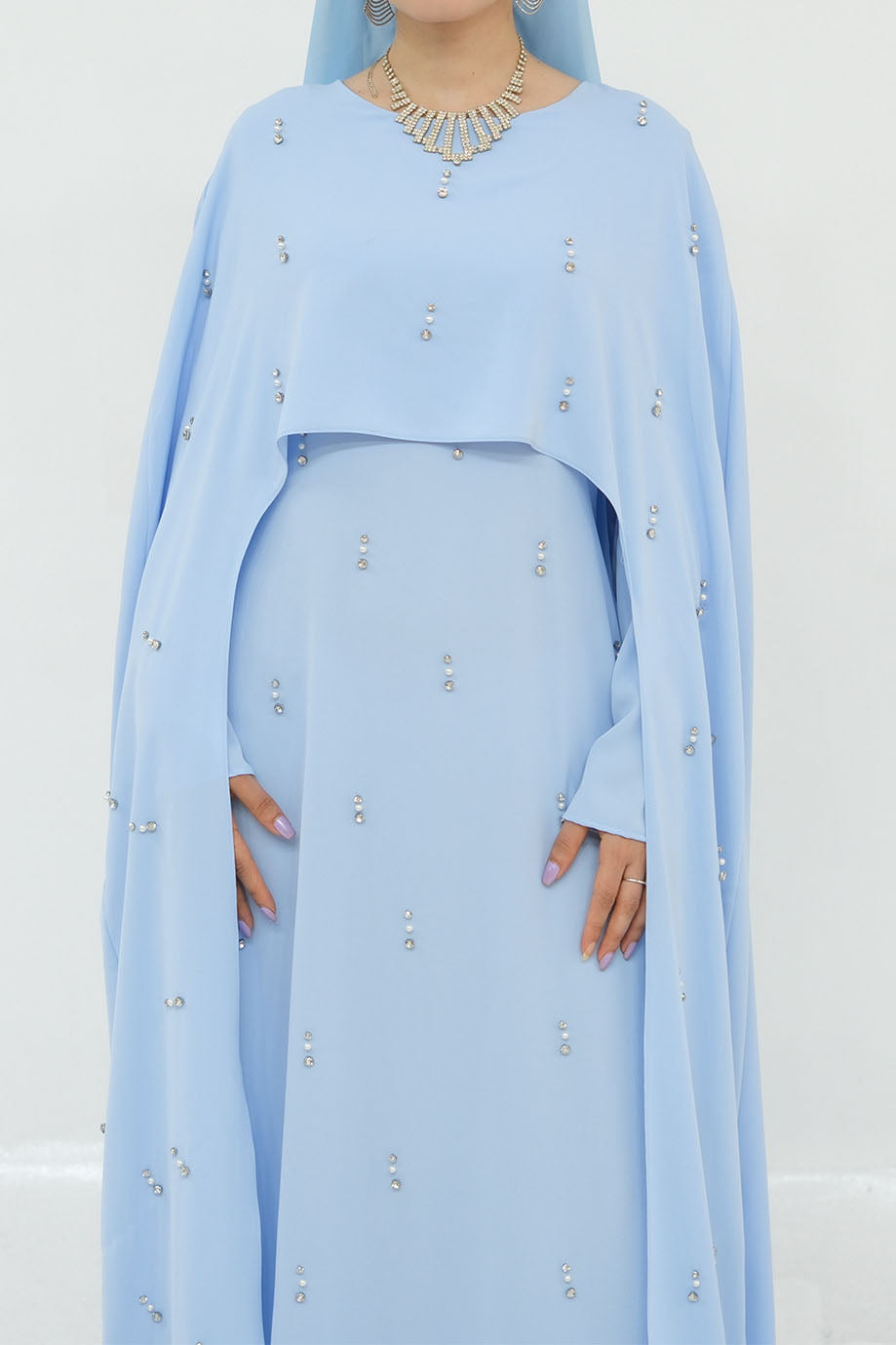 Aureya Solid Crystal-Embellished Faux Two-Piece Abaya 997 –Blue