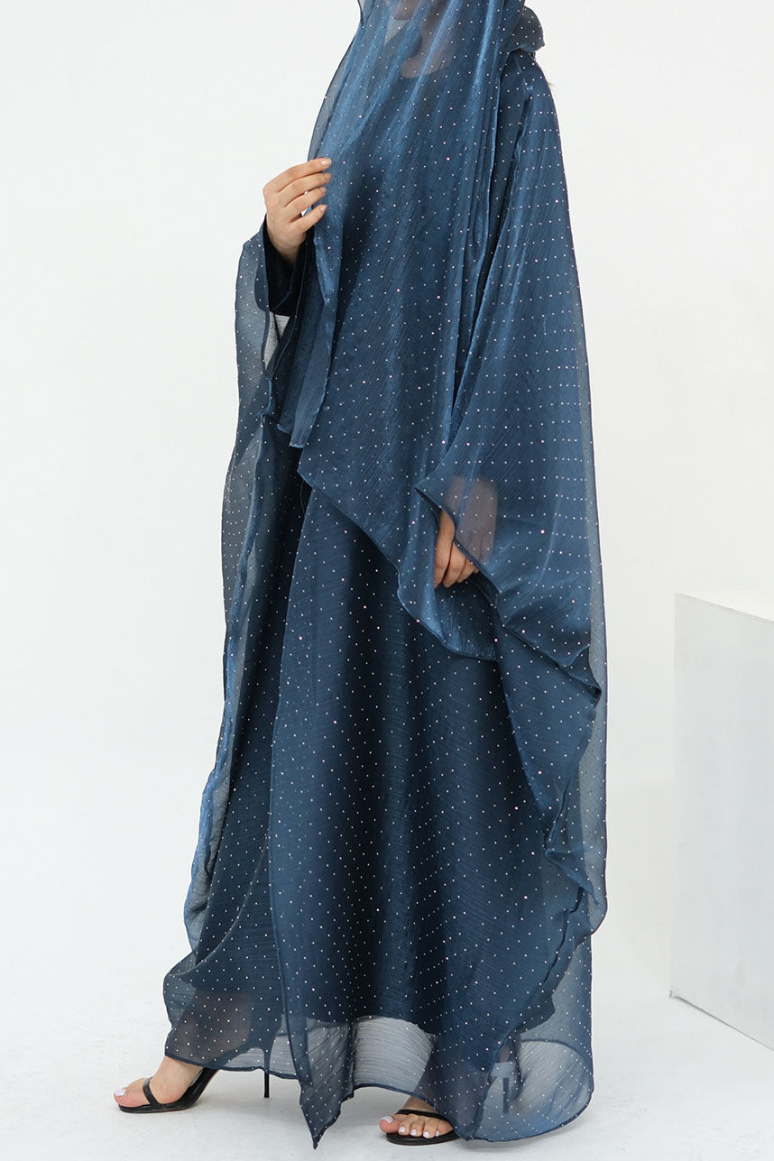 Luminous Sparkle-Drape Elegant Open Abaya 1026 – Navy Blue