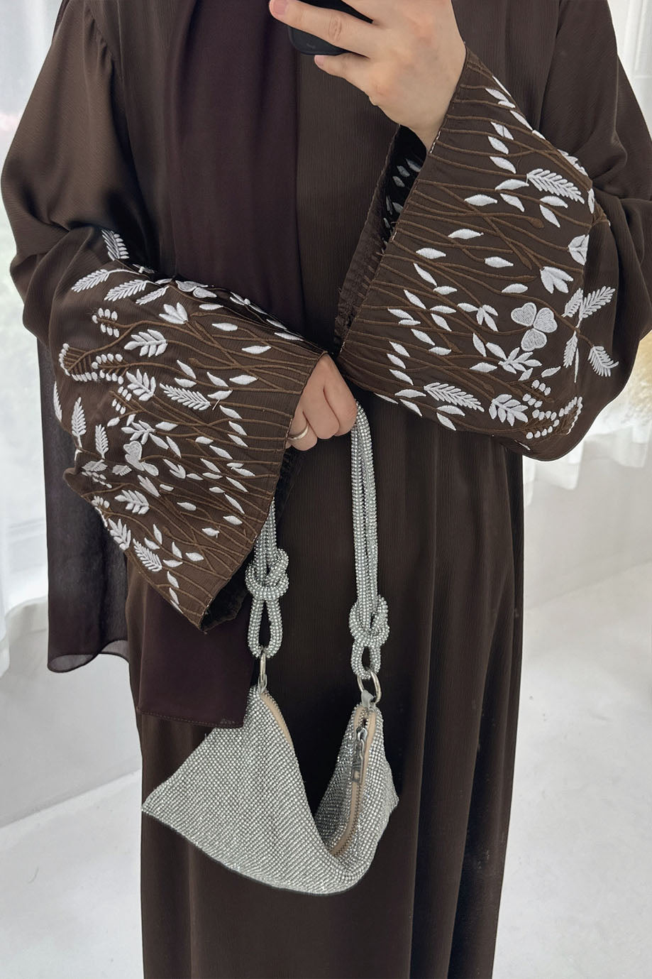 Seraya Leaf Embroidered Elegant Abaya Dress 769 – Brown
