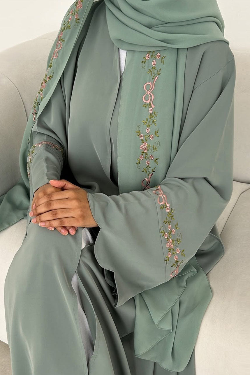 Aurora Floral-Embroidered Elegant Open Abaya 1068 – Green