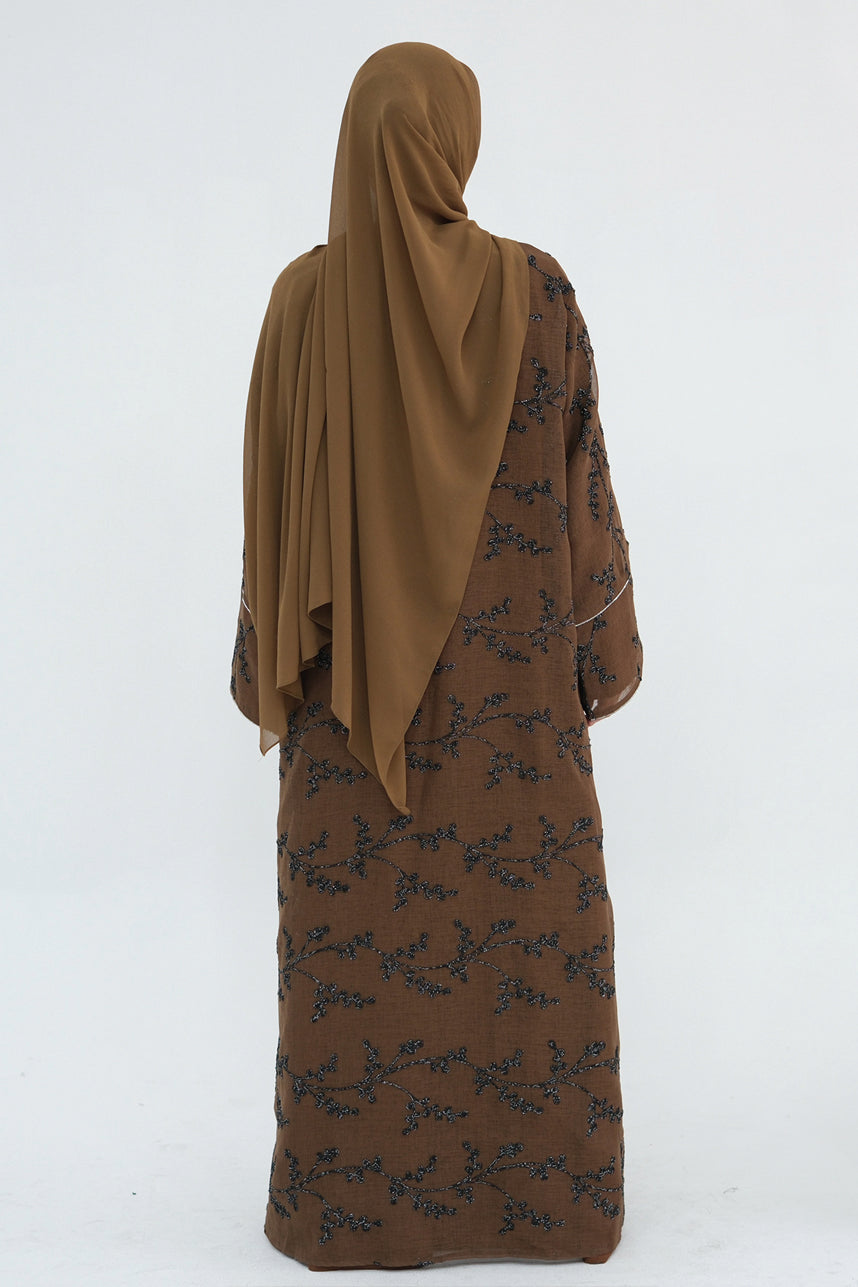 Meadowe Full Embroidered Mesh Open Abaya 1075 – Brown