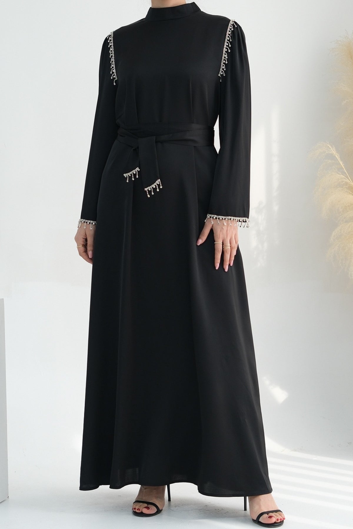 Yalina Crystal Beads Sleeves and Stand-up Collar Maxi Dress Abaya with belt 710-Black