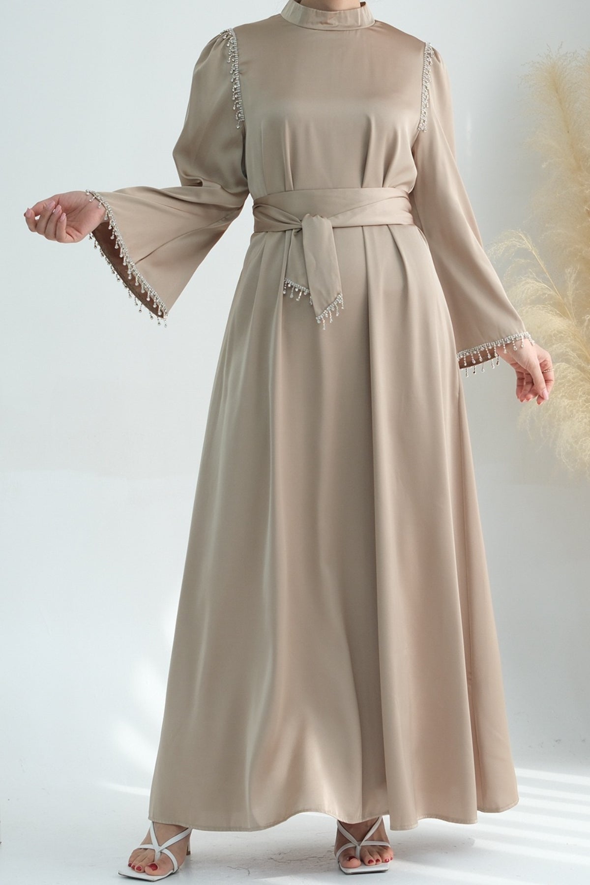 Yalina Crystal Beads Sleeves and Stand-up Collar Maxi Dress Abaya with belt 710-Khaki