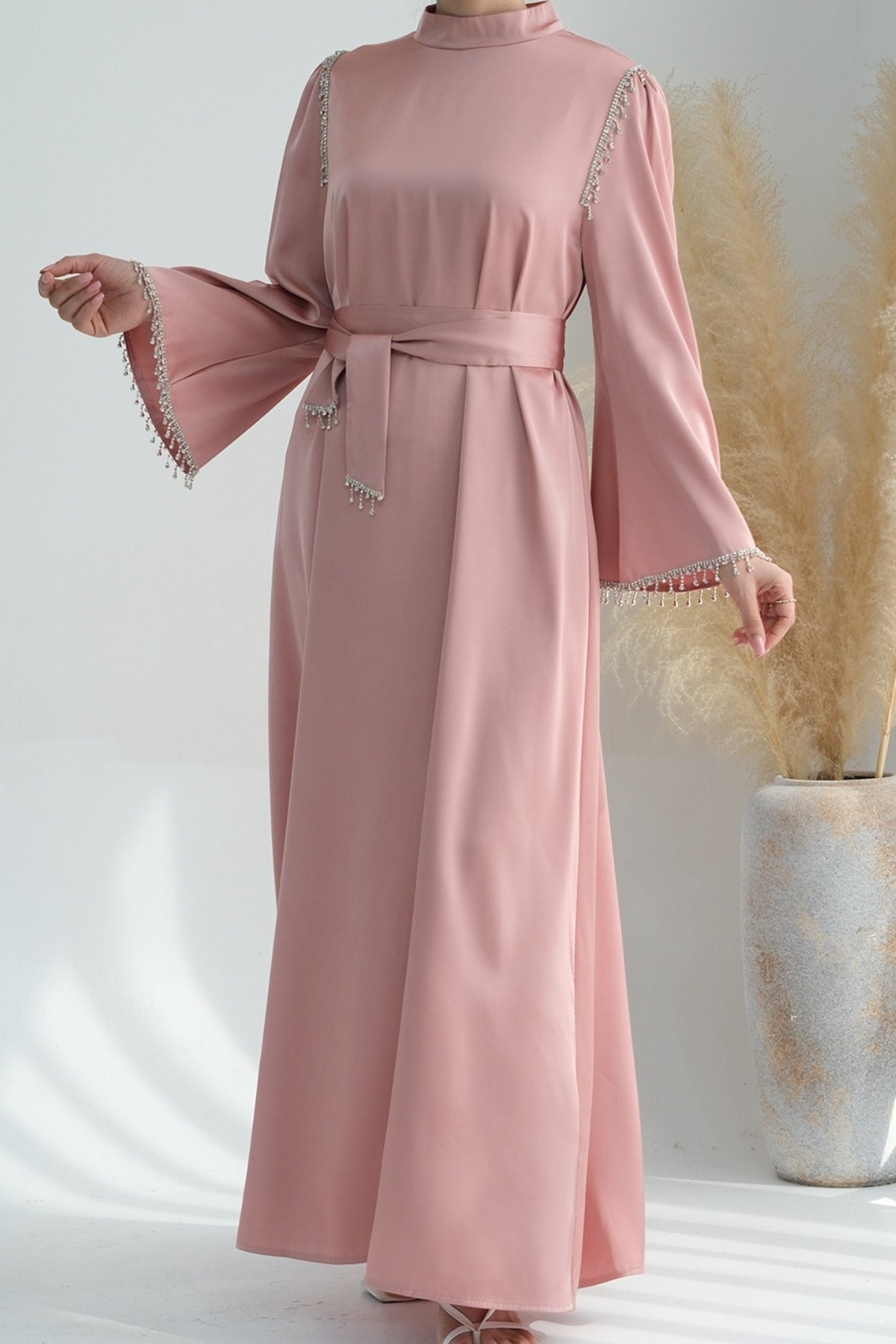 Yalina Crystal Beads Sleeves and Stand-up Collar Maxi Dress Abaya with belt 710-Pink