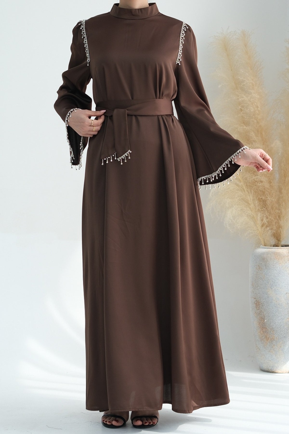 Yalina Crystal Beads Sleeves and Stand-up Collar Maxi Dress Abaya with belt 710-Coffee