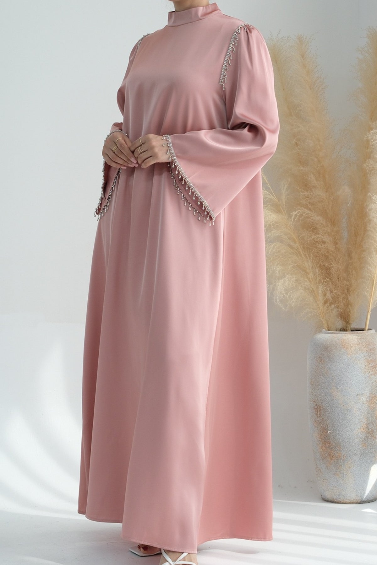 Yalina Crystal Beads Sleeves and Stand-up Collar Maxi Dress Abaya with belt 710-Pink