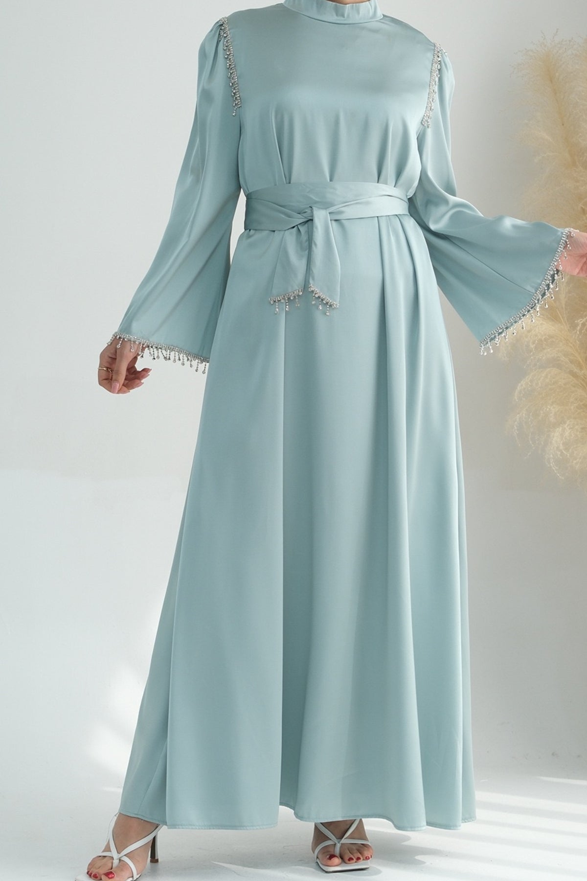 Yalina Crystal Beads Sleeves and Stand-up Collar Maxi Dress Abaya with belt 710-Light Green