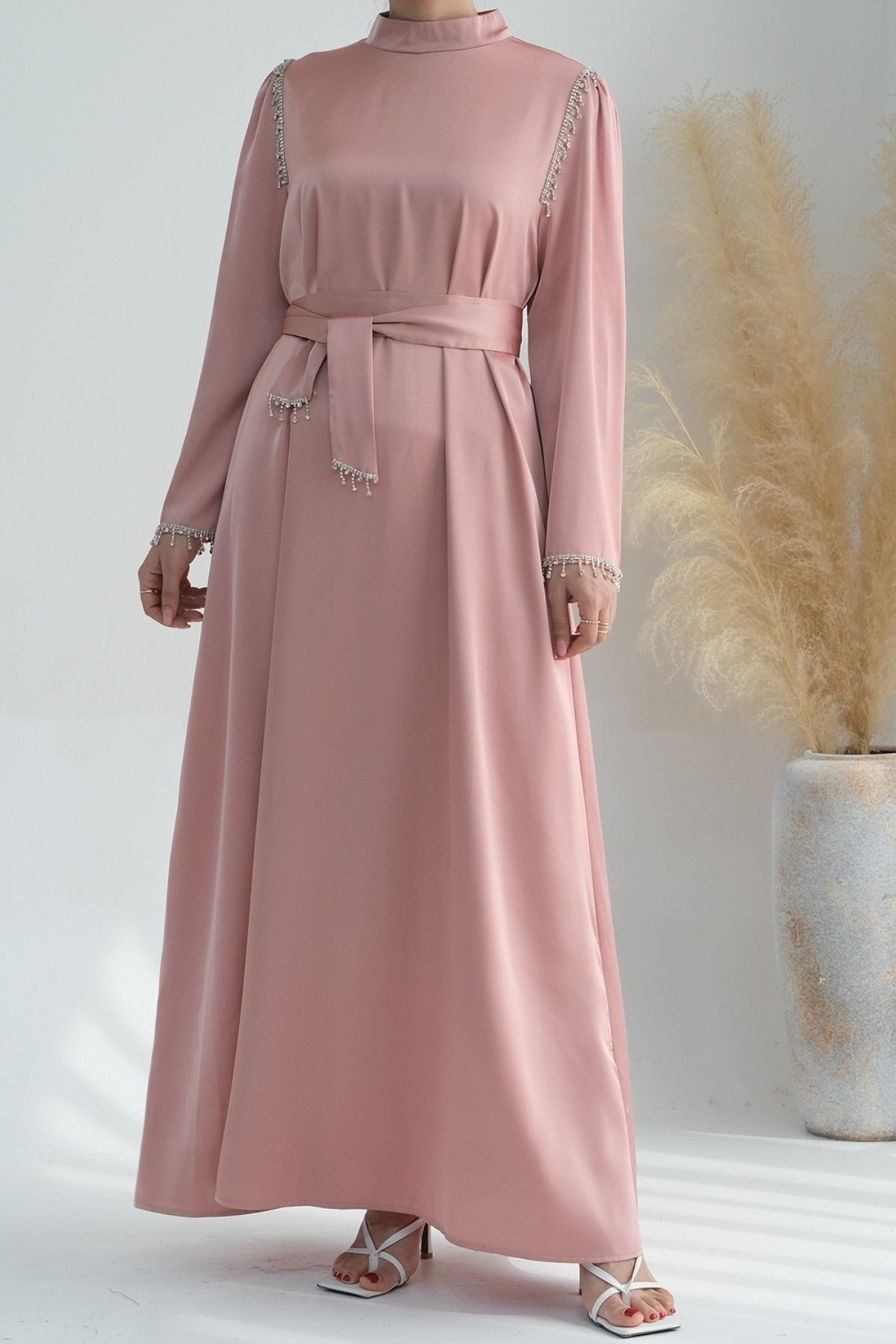 Yalina Crystal Beads Sleeves and Stand-up Collar Maxi Dress Abaya with belt 710-Pink