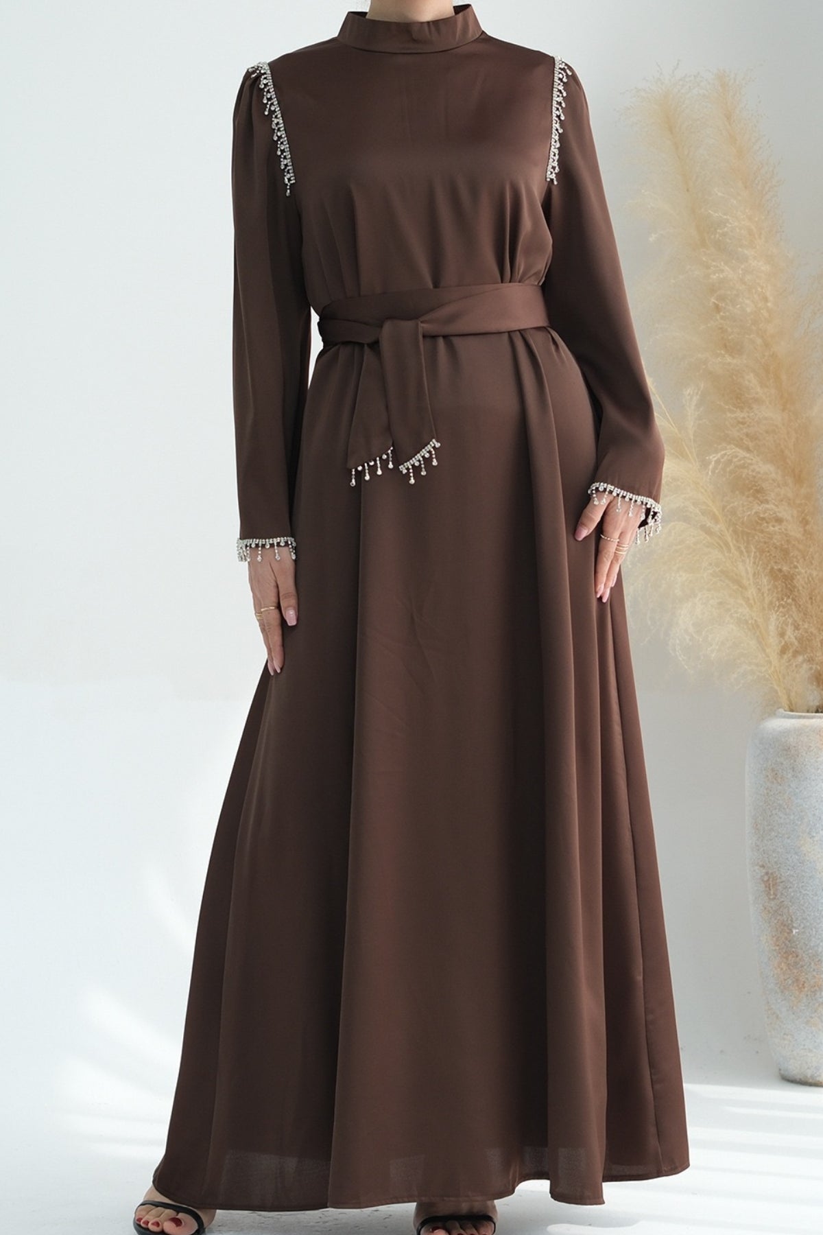 Yalina Crystal Beads Sleeves and Stand-up Collar Maxi Dress Abaya with belt 710-Coffee