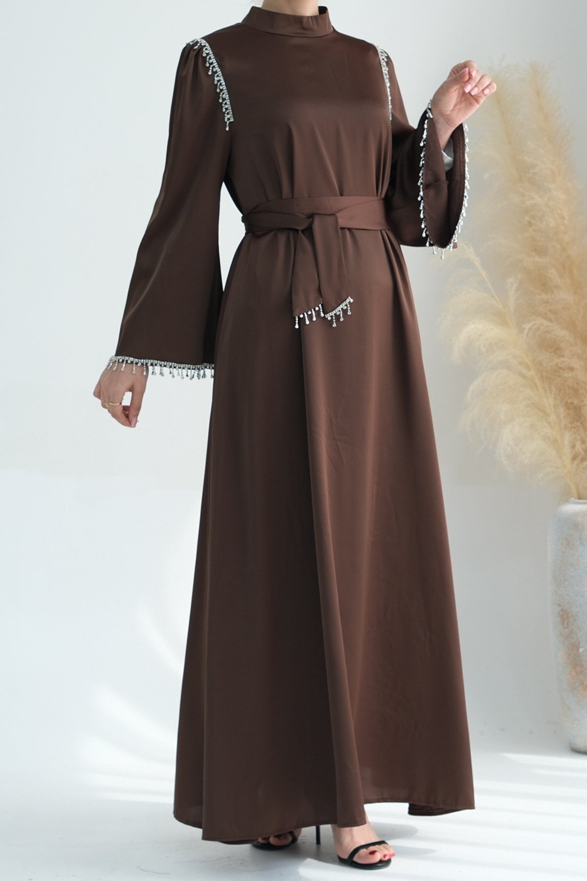 Yalina Crystal Beads Sleeves and Stand-up Collar Maxi Dress Abaya with belt 710-Coffee