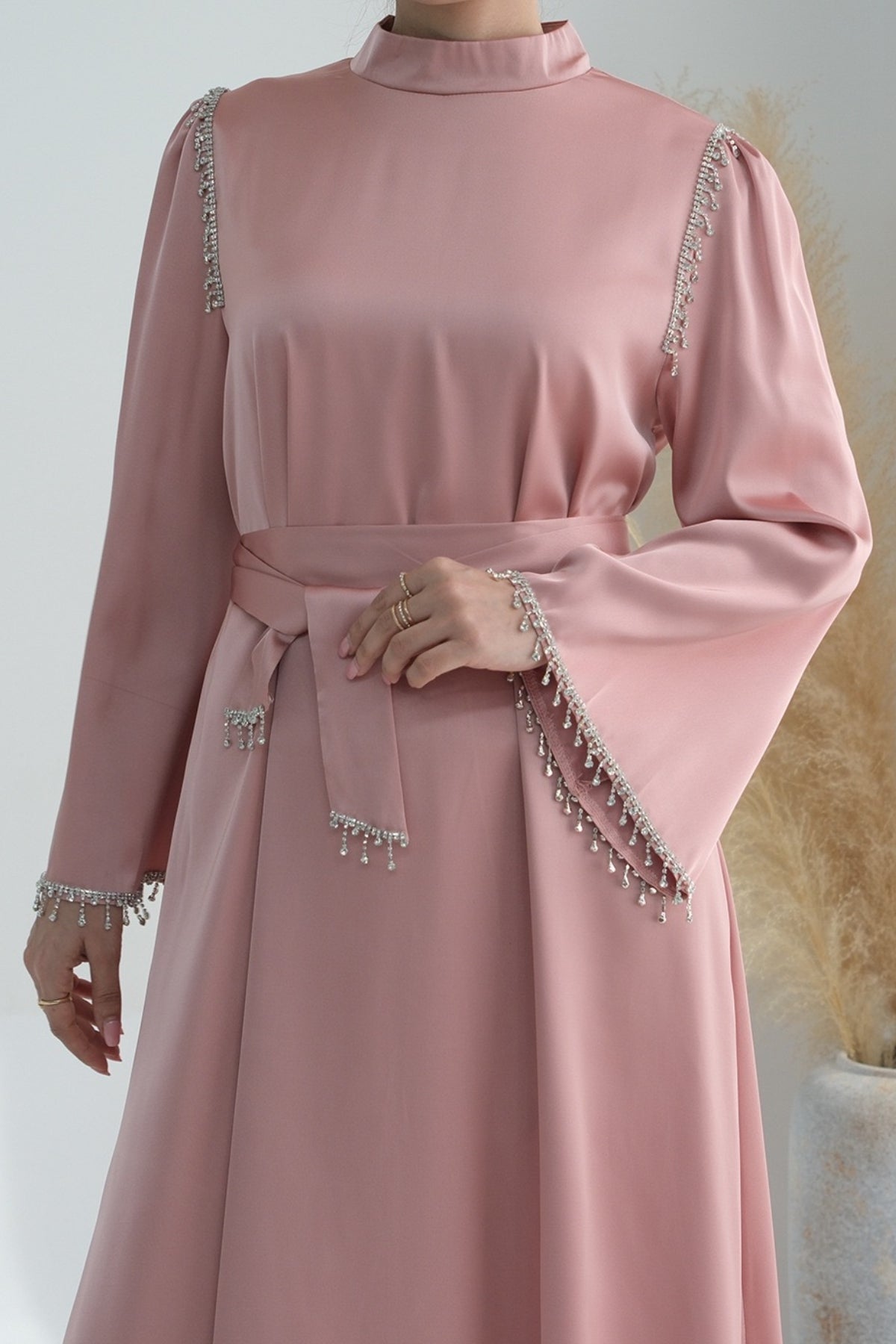 Yalina Crystal Beads Sleeves and Stand-up Collar Maxi Dress Abaya with belt 710-Pink