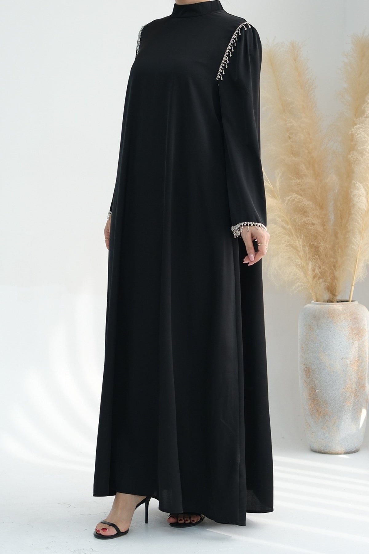 Yalina Crystal Beads Sleeves and Stand-up Collar Maxi Dress Abaya with belt 710-Black