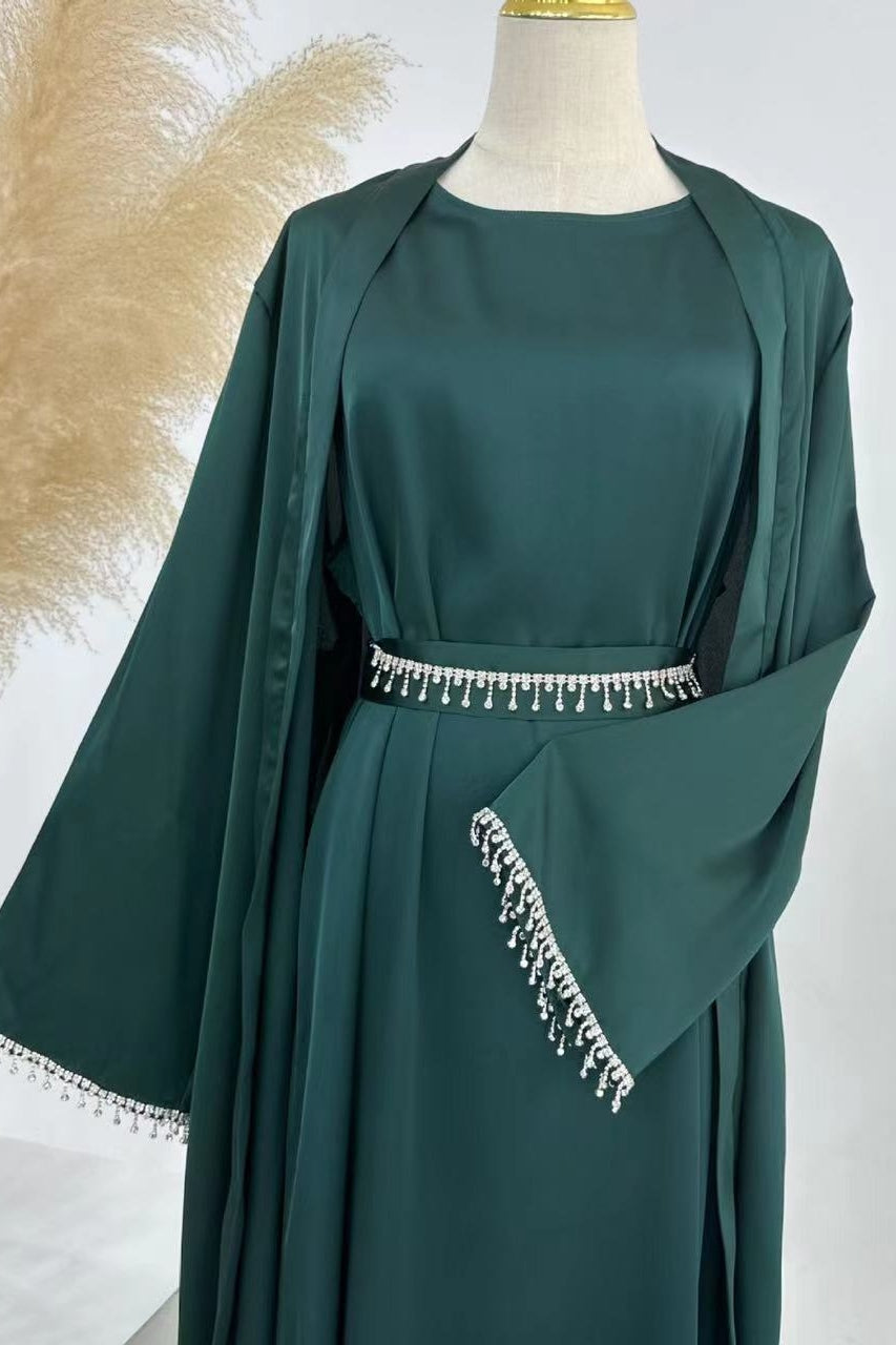 Luna 2PCS Crystal Beads Sleeves Satin Abaya Set with Crystal Chain - Dark Green - Meliza