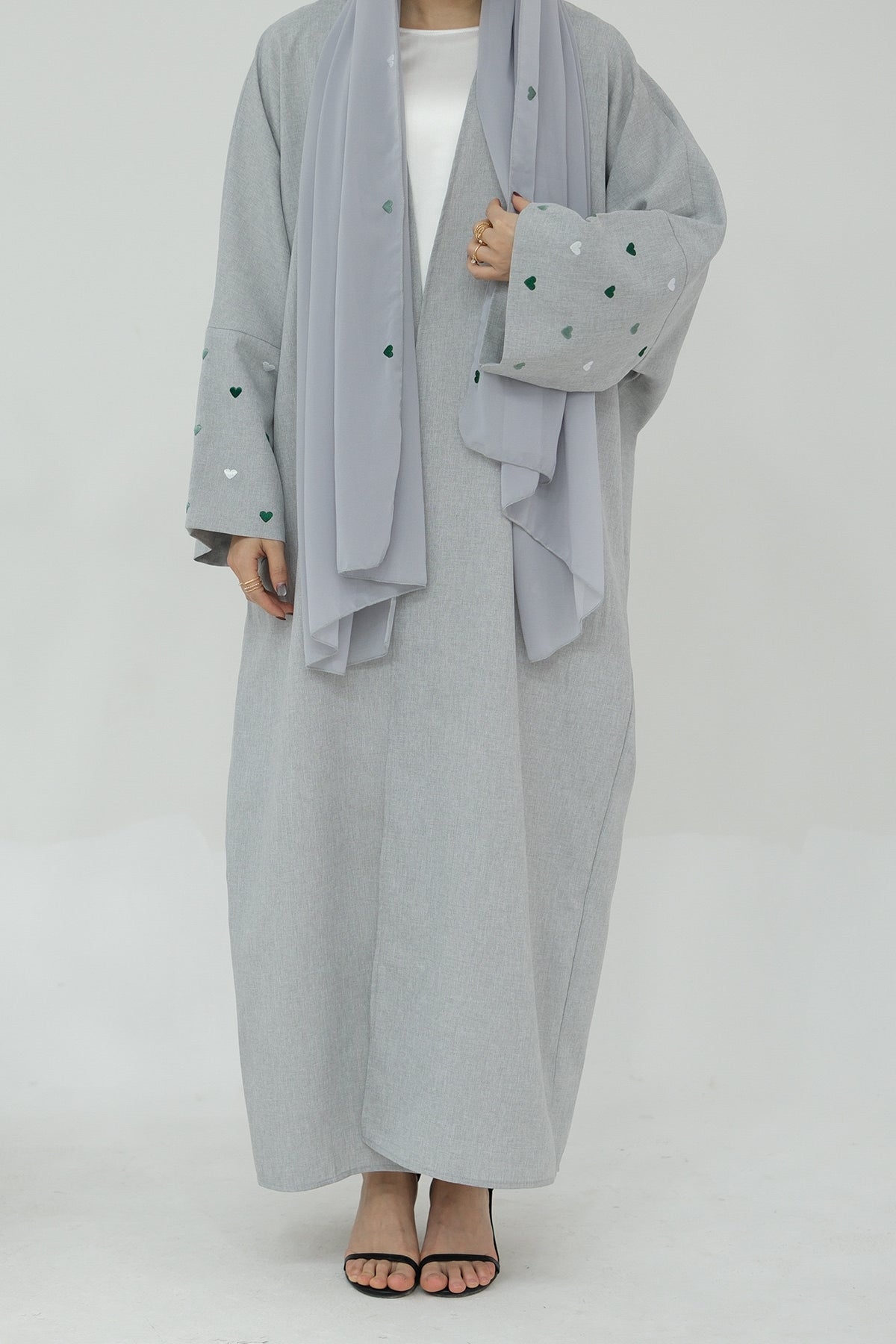 Hasna Heart Pattern Embroidery Linen Modest Open Abaya  712 - LightSteelBlue - Meliza