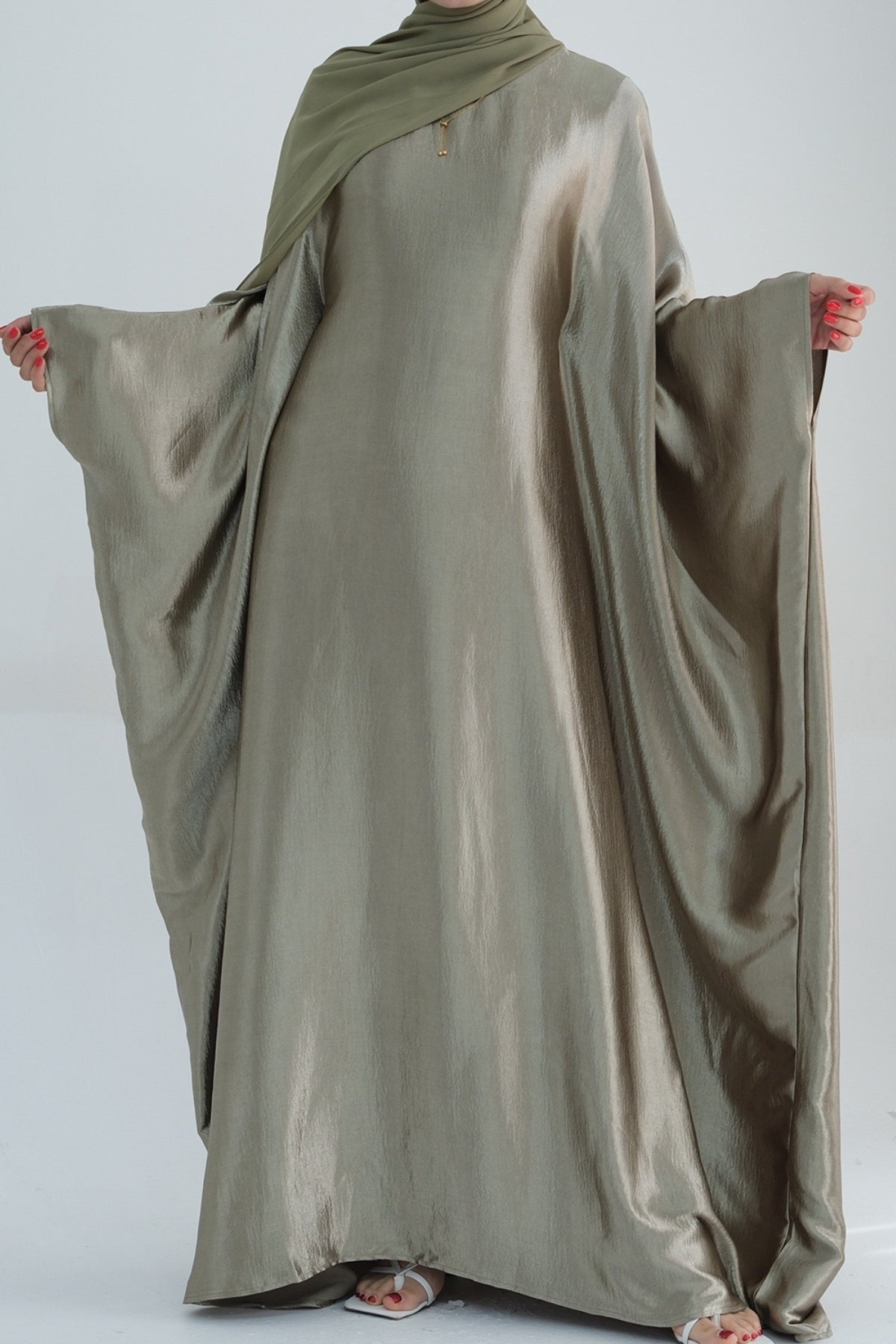 Jahari Shiny Batwing Sleeve Maxi Dress Abaya 774-Olive Green