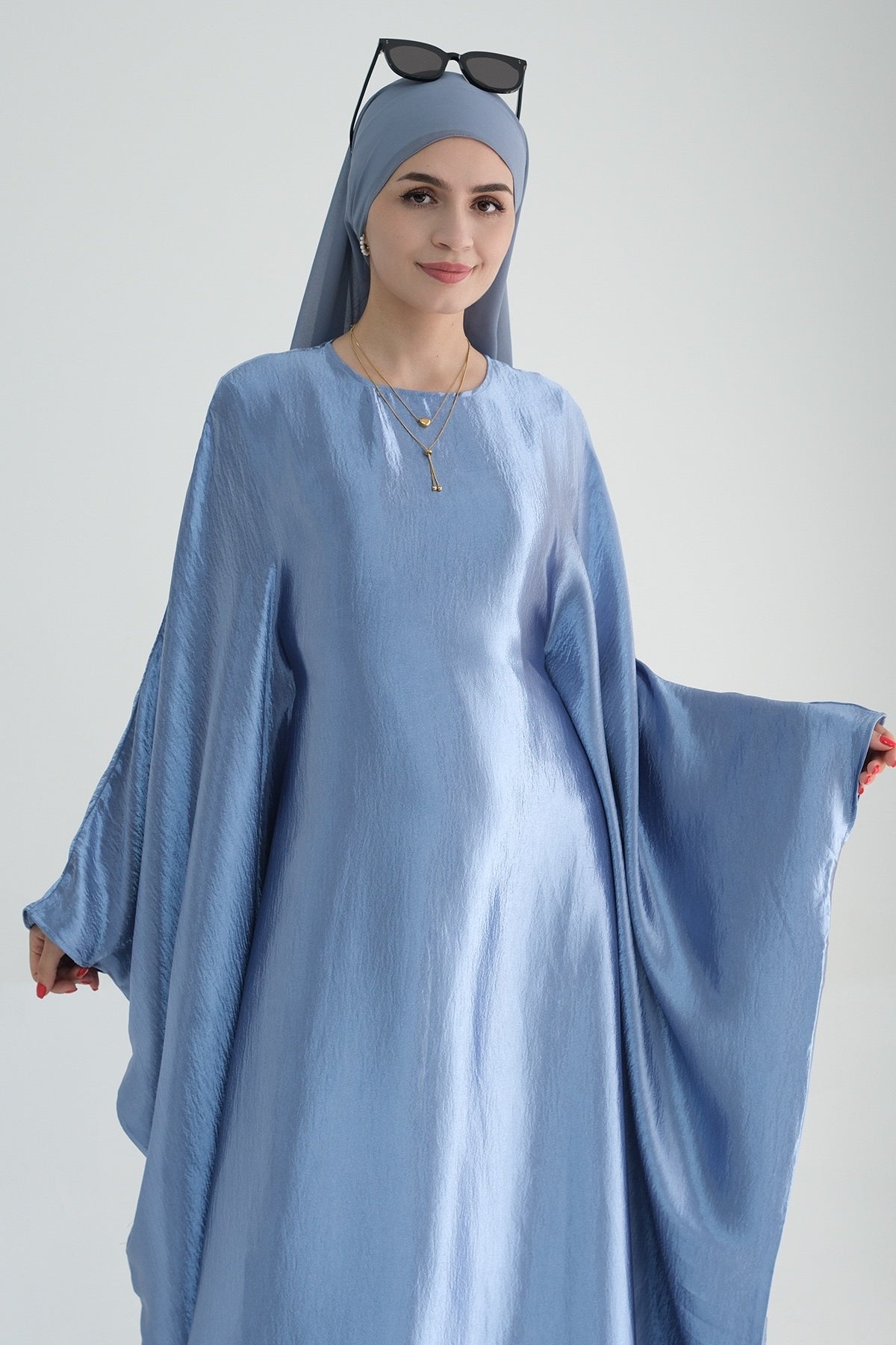 Jahari Shiny Batwing Butterfly Sleeve Maxi Dress Abaya 774-Light Blue