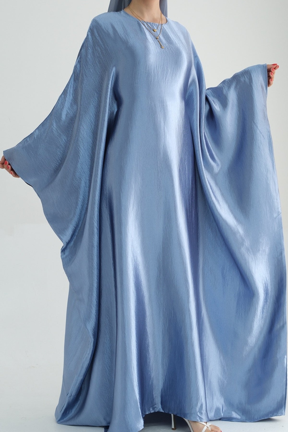 Jahari Shiny Batwing Butterfly Sleeve Maxi Dress Abaya 774-Light Blue