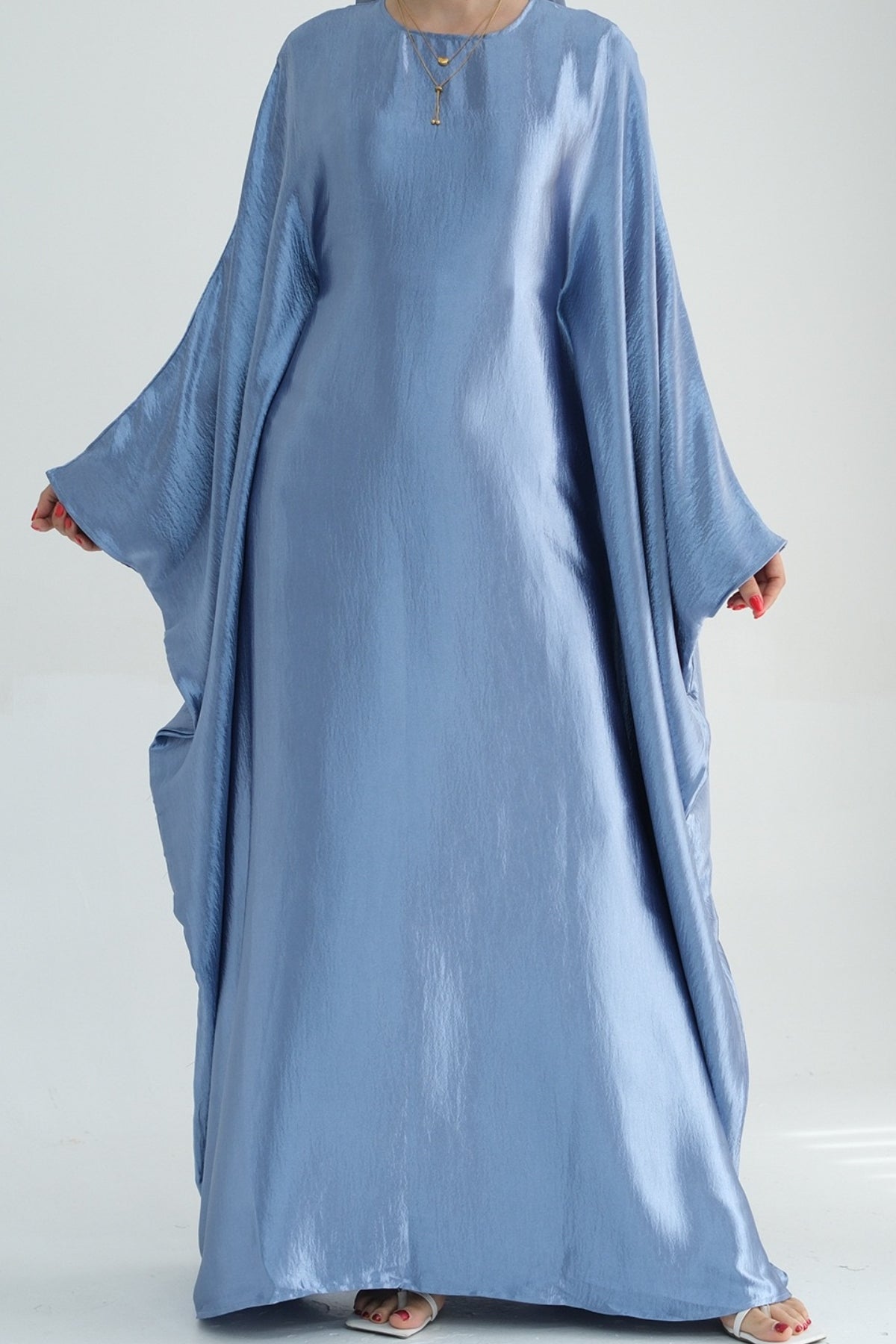 Jahari Shiny Batwing Butterfly Sleeve Maxi Dress Abaya 774-Light Blue