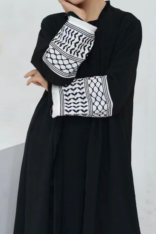 Karina Kids Keffiyeh Inspired Fringed Peace Dove Pattern Embroidery Girls Modest Open Abaya with belt 782-Black