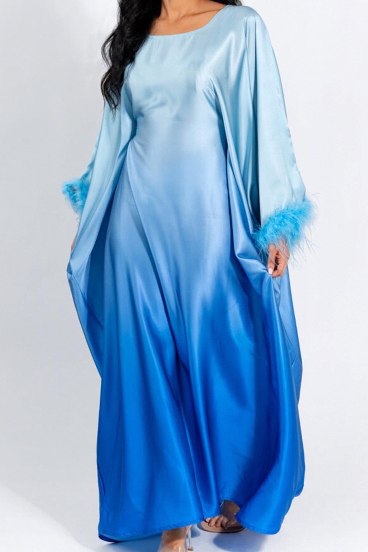 HANAN Feather-Embellished Gradient Kaftan Batwing Abaya 812-Blue