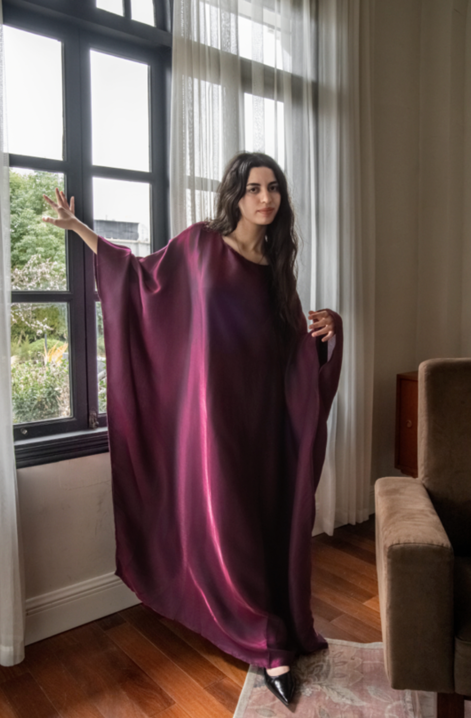 Anita Shiny Batwing Butterfly Sleeve Maxi Dress  Kaftan Abaya 770 - Wine Red