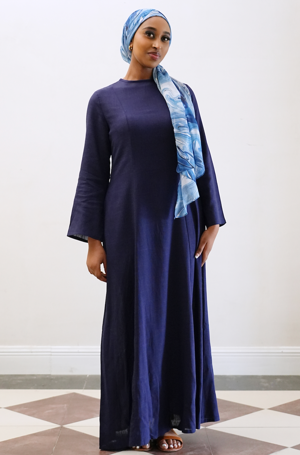 Isabella Back Tie Linen Maxi Dress Abaya 941 - Dark Blue