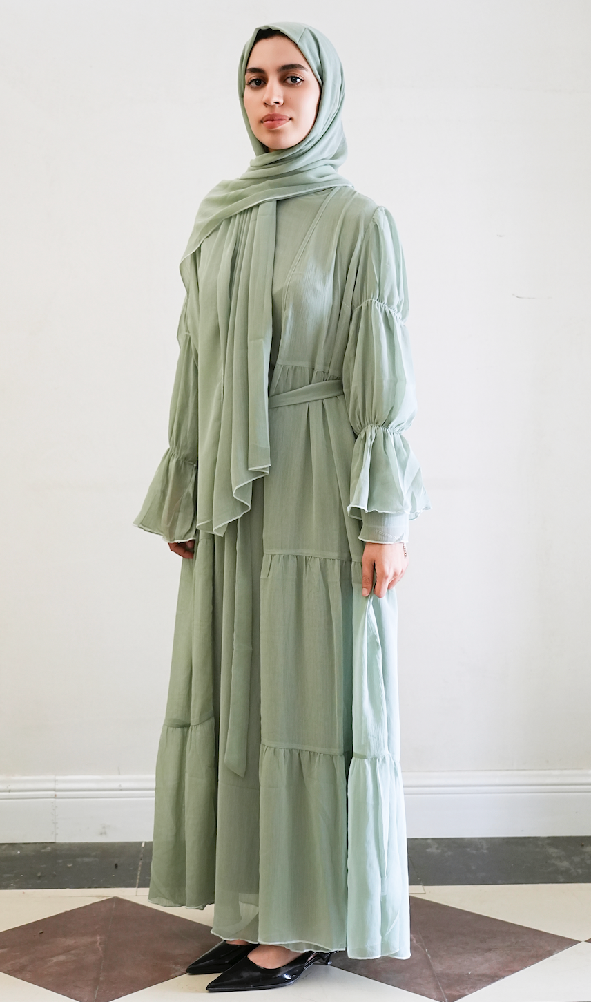 Jumana Chiffon Elastic Cuff  Open Abaya Set 866+867 - Green