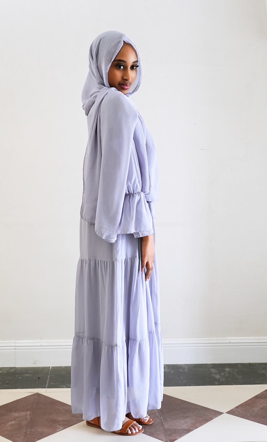 Jumana Chiffon Elastic Cuff  Open Abaya Set 866+867 - Light Grey