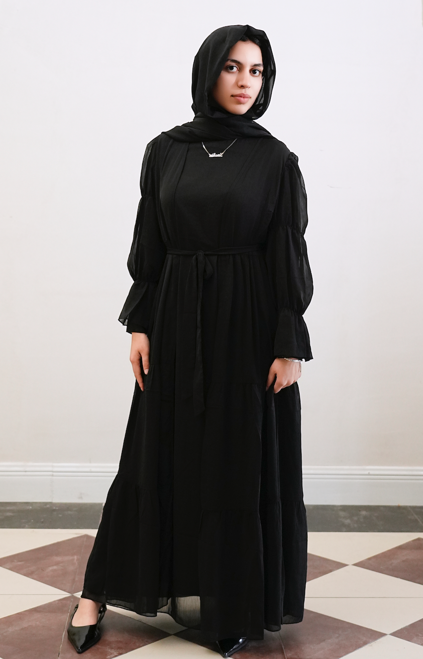 Jumana Chiffon Elastic Cuff  Open Abaya Set 866+867 - Black