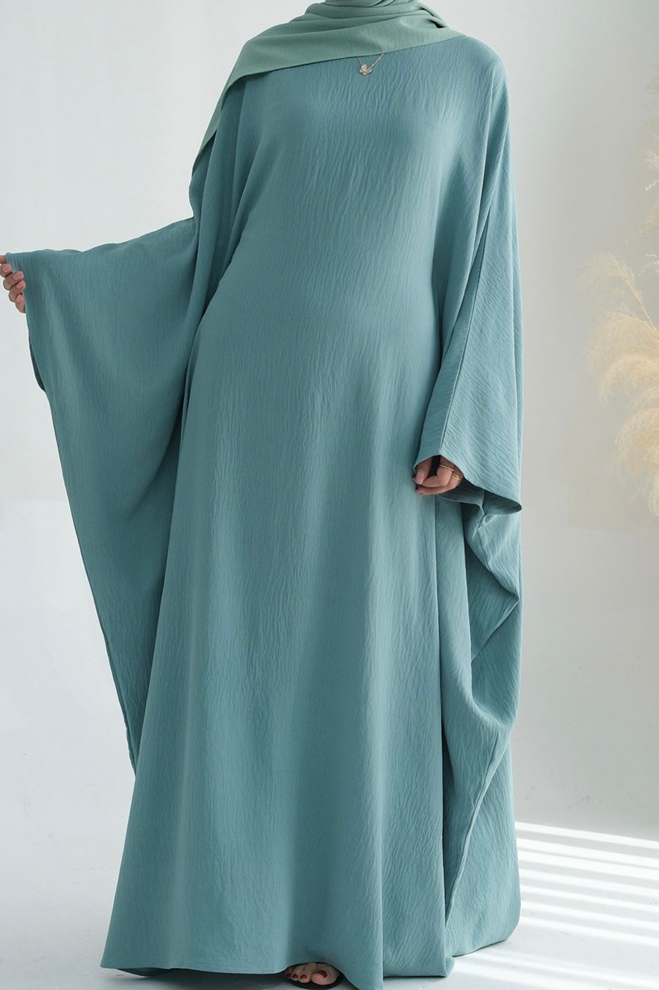 Badia Waist-Cinching Batwing Butterfly Sleeve Maxi Dress Kaftan Abaya 695-Green