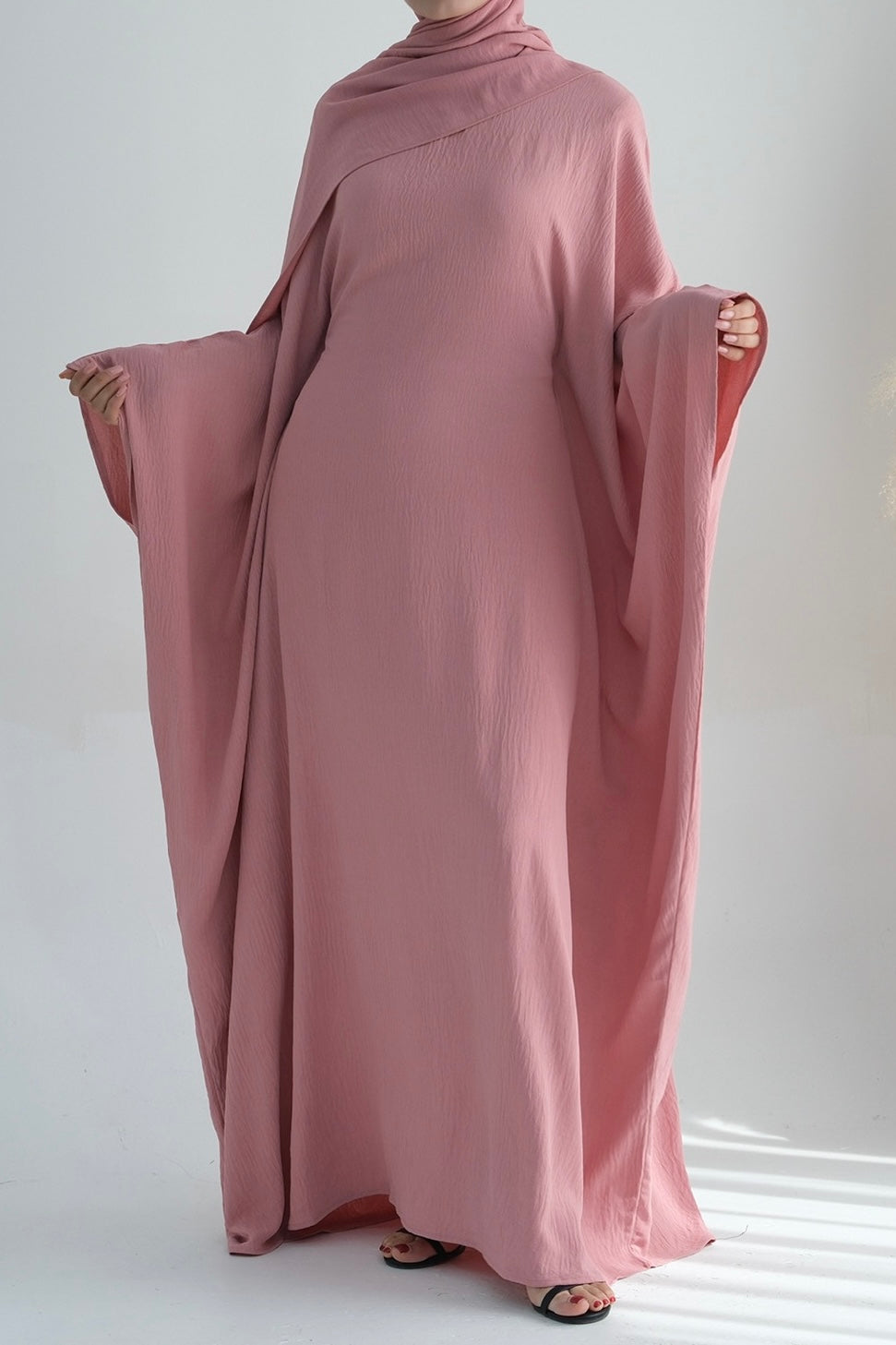 Badia Waist-Cinching Batwing Butterfly Sleeve Maxi Dress Kaftan Abaya 695 - Pink