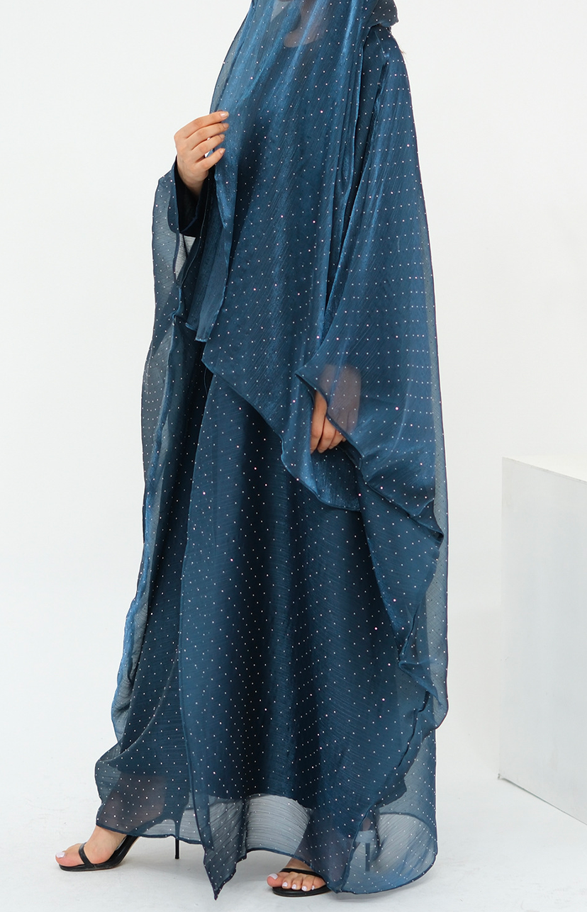 Luminous Sparkle-Drape Elegant Open Abaya 1026 – Navy Blue