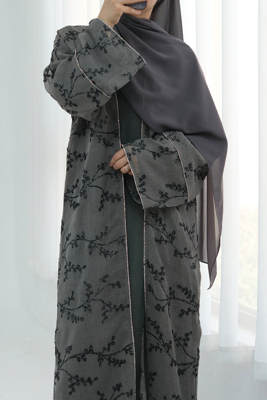 Meadowe Full Embroidered Mesh Open Abaya 1075 – Grey