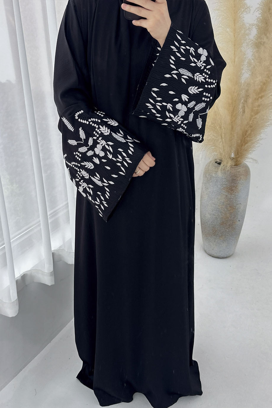 Seraya Leaf Embroidered Elegant Abaya Dress 769 – Black