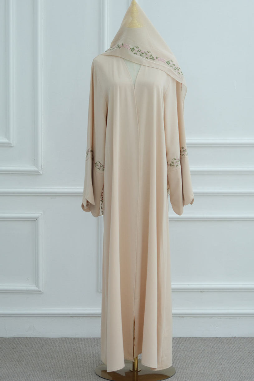 Aurora Floral-Embroidered Elegant Open Abaya  1068 – Beige