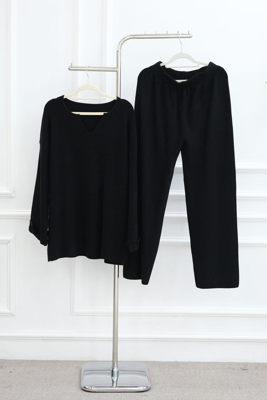 Terra Keyhole V-Neck Thick-Knit Modest Set WDM006 – Black