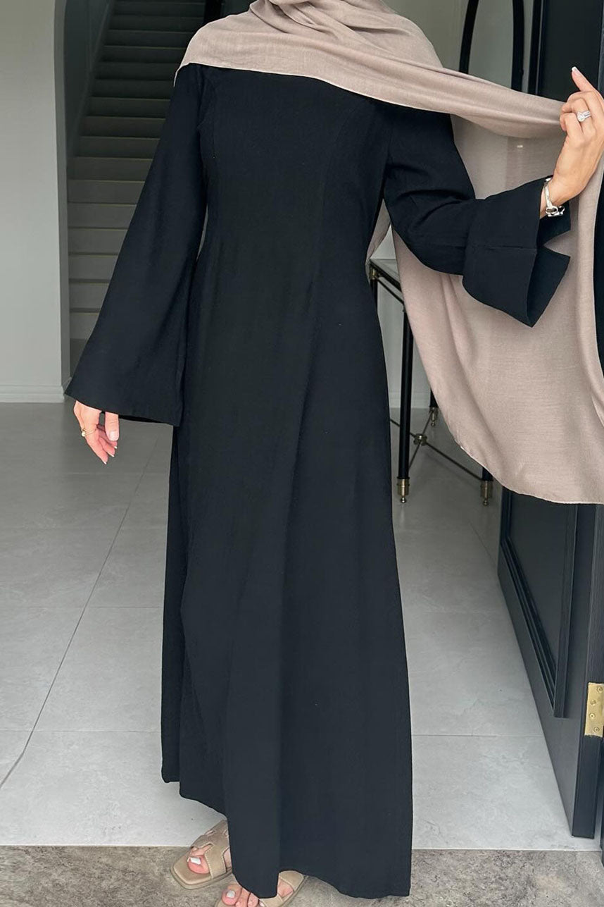 Oasis Adjustable-Waist Cotton-Linen Maxi Dress Abaya 948 – Black