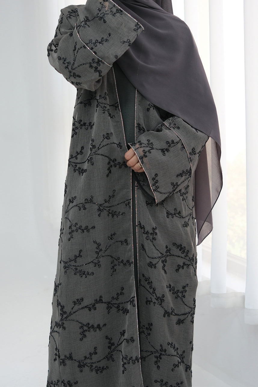 Meadowe Full Embroidered Mesh Open Abaya 1075 – Grey