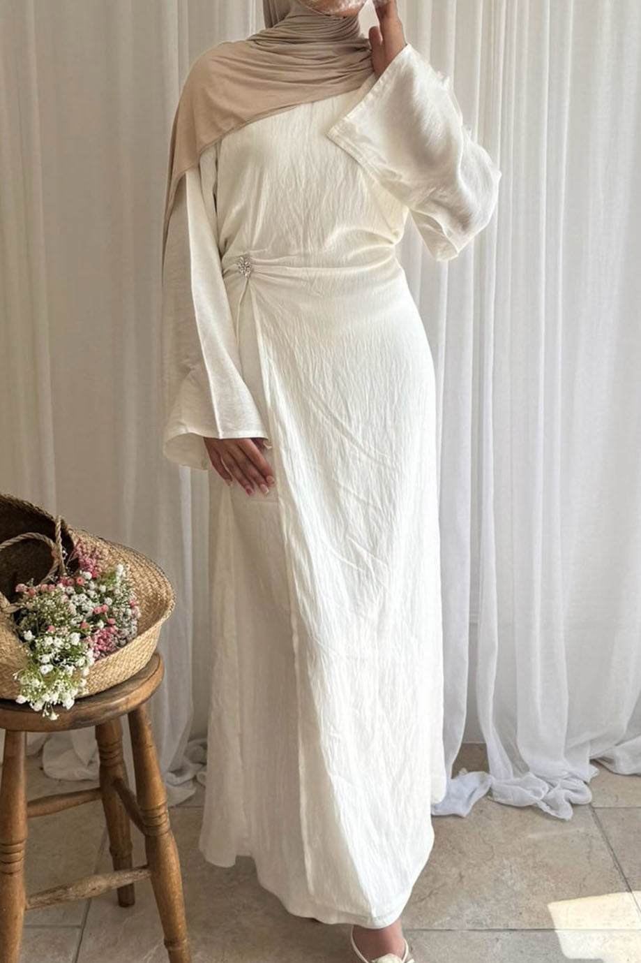Velora Elegant Ruched Maxi Dress Abaya 1077 – White
