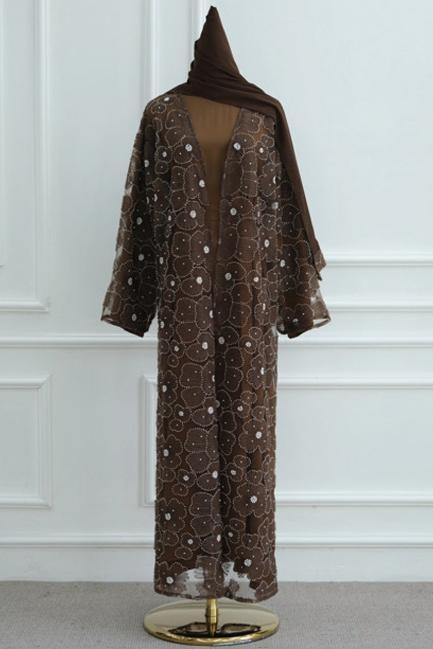 Auralis 3D Floral Beaded Mesh Open Abaya 1069 – Coffee