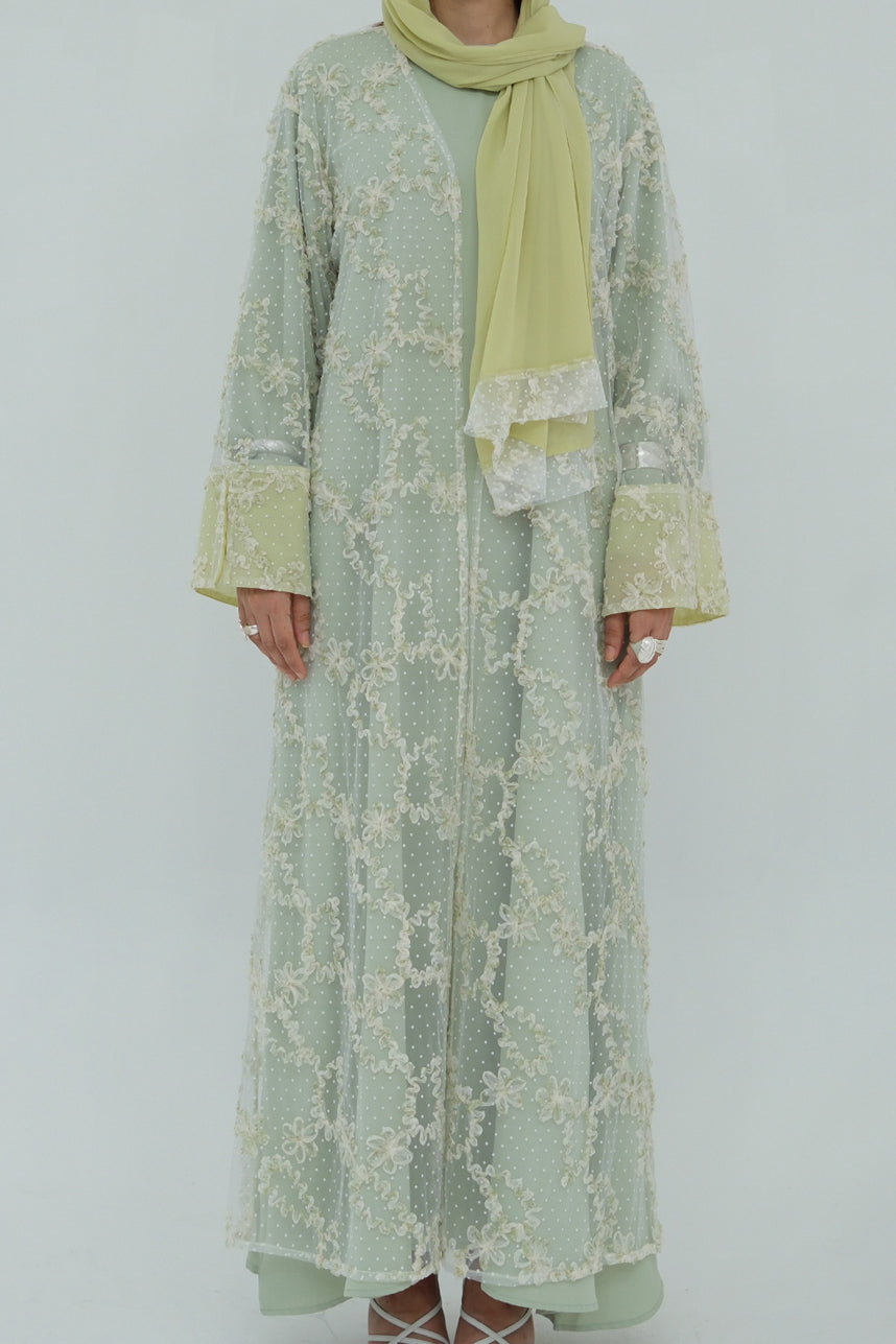 Vionne 3D Floral Mesh Open Abaya 1074 – Green