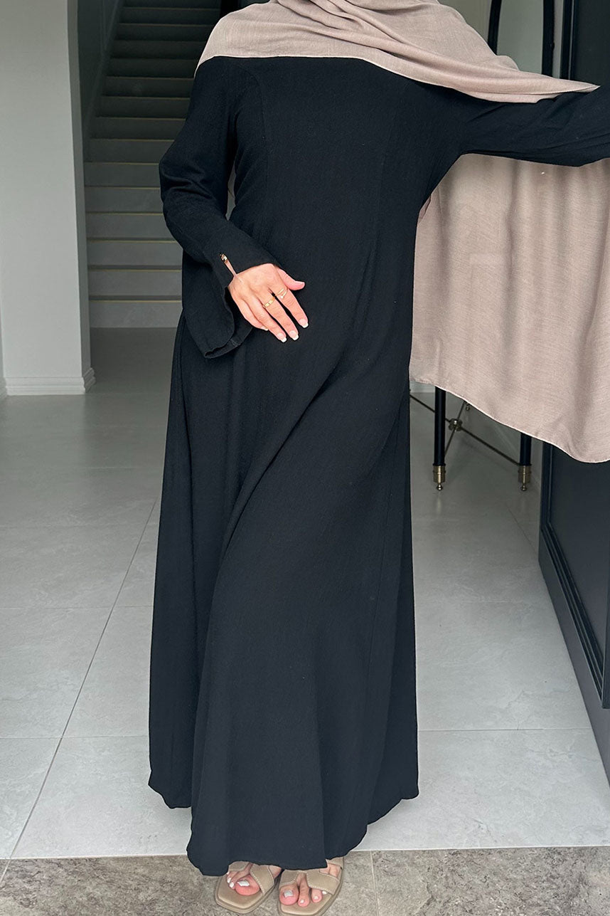 Oasis Adjustable-Waist Cotton-Linen Maxi Dress Abaya 948 – Black