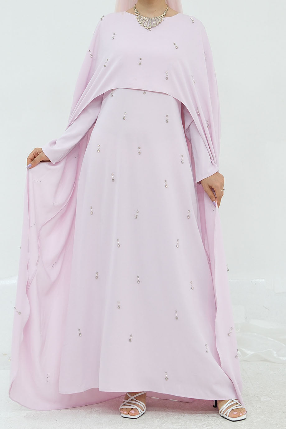 Aureya Solid Crystal-Embellished Faux Two-Piece Abaya 997 –Pink