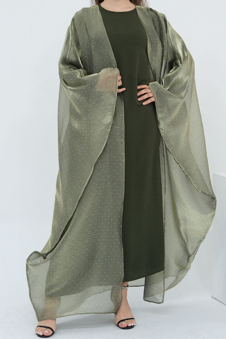 Luminous Sparkle-Drape Elegant Open Abaya 1026 – Army Green