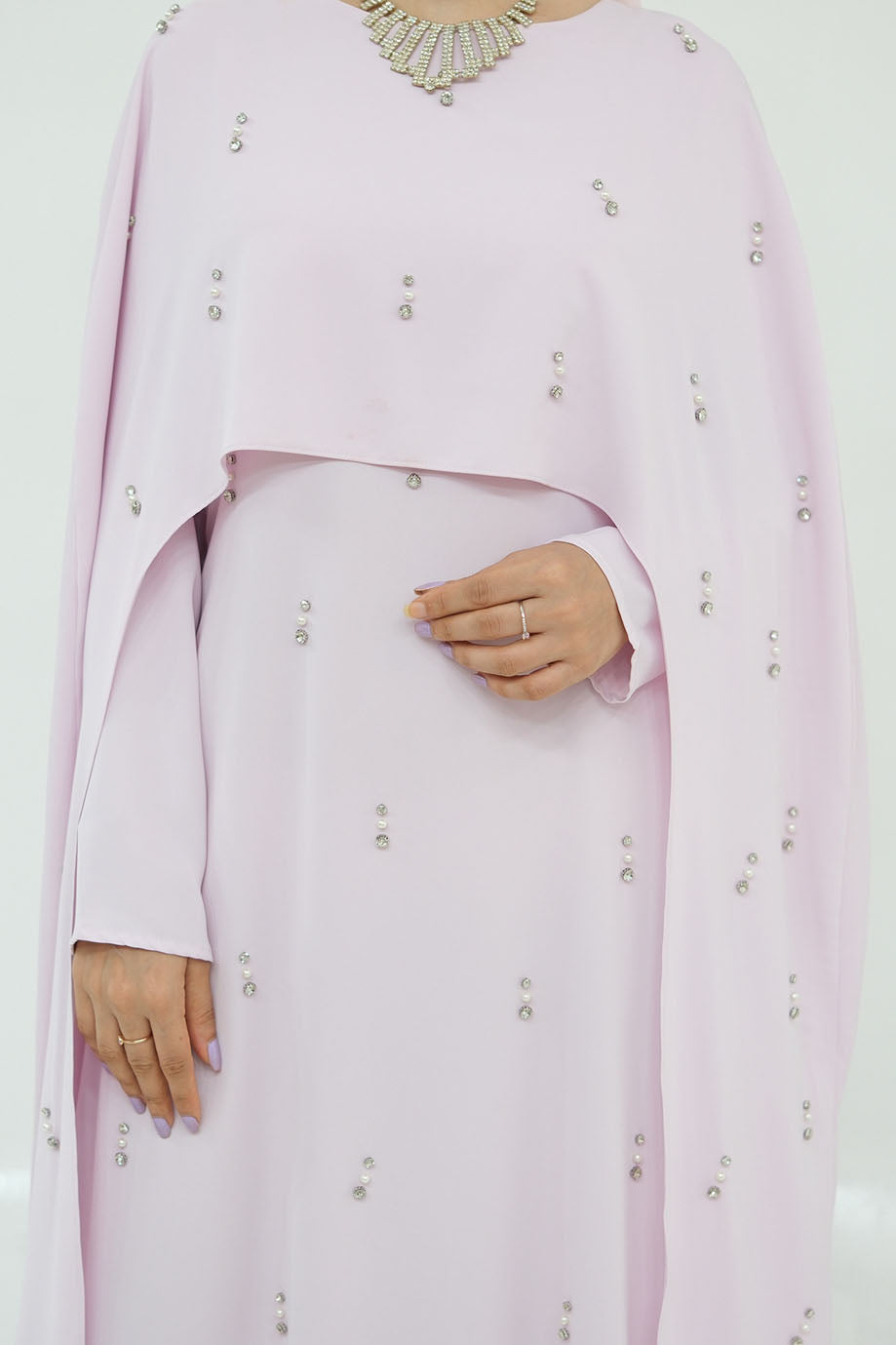 Aureya Solid Crystal-Embellished Faux Two-Piece Abaya 997 –Pink